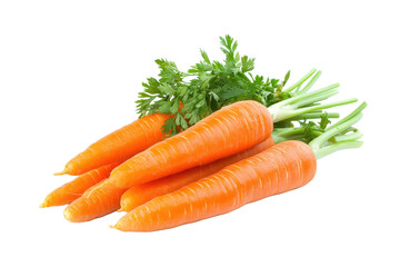 A close up shot of a bunch of fresh carrots with green tops on a black background in bright lighting