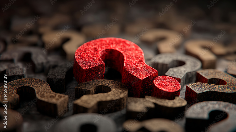 Aufkleber Red question mark stands out among many brown ones, symbolizing uniqueness, problem-solving, or finding answers.  A textured, close-up view.