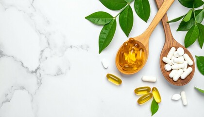 Natural Supplements Health Wellness Pills Capsules Vitamins Wooden Spoons Green Leaves Marble Background