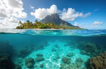Fototapeta premium Split image shows blue ocean, Le Morne mountain, tropical island, palm trees. Turquoise water, sandy beach, underwater rocks, corals. Sunny summer day vacation in Mauritius. Scenic nature landscape