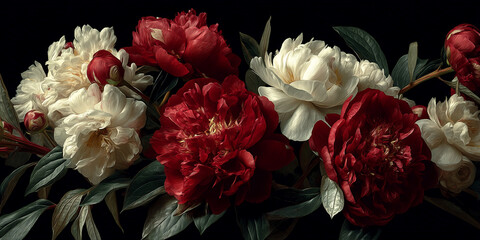 Close-up of red and white peonies, lush petals, dark background, showcasing elegance and beauty, ideal for floral design or romantic concepts