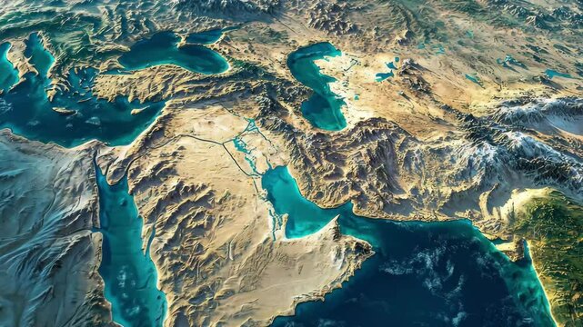 Zooming into the Middle East with a detailed view of geography and landscapes, Earth Zoom to the Middle East Broadcast quality Rendered at 32-bit float depth