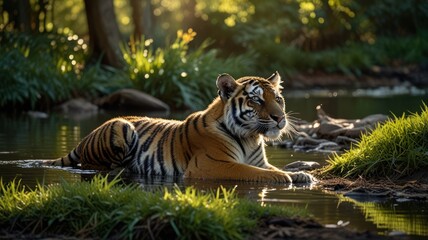Obraz premium Majestic tiger relaxing in shallow water. Sunlight streams through the forest canopy, illuminating the scene