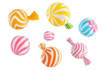 A collection of colorful wrapped candies with swirling patterns on a black isolated background
