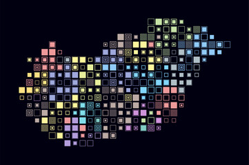 Hungary, shape of the country build of colored cells. Digital style map of the Hungary on dark background. Large size square blocks. Classy vector illustration.