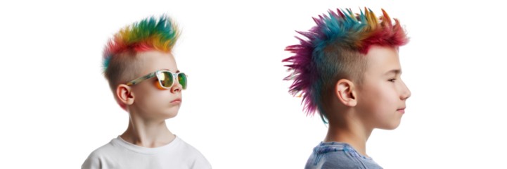 Colorful mohawk hairstyles studio photo transparent background close-up youthful expression