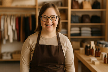 A woman with Down syndrome is a shop assistant, smiling