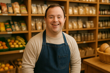 A man with Down syndrome is a shop assistant, smiling