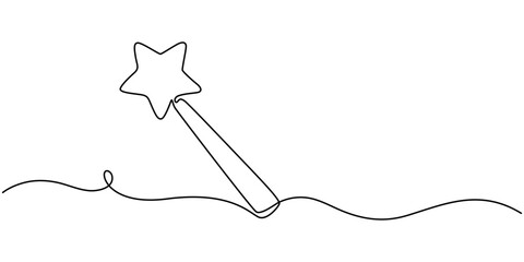 Magic stick one line continuous. Line art Magic Wand. Hand drawn vector art, Magic wand linear drawn continuous icon. Magic staff black one line vector icon, continuous line drawing of magic wand with