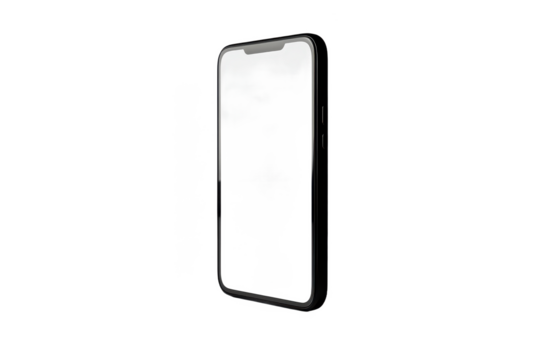 Isolated smartphone with a black frame and a white screen against a black background view from the side