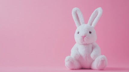 Obraz premium White plush bunny toy sitting against a soft pink background, a delightful spring vibe