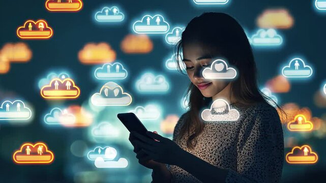 Caucasian woman engaged with smartphone amidst colorful cloud icons at night, cloud icons over caucasian woman using smartphone