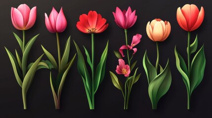 Fototapeta premium Realistic tulip. Pink red buds tulips, spring flowers bouquet, colorful floral elements for greeting card, brochure, banner vector 3d set illustration , no logos, no brands