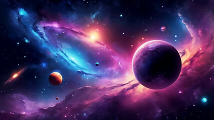 Colorful Galaxy with Planets and Nebulae in Outer Space