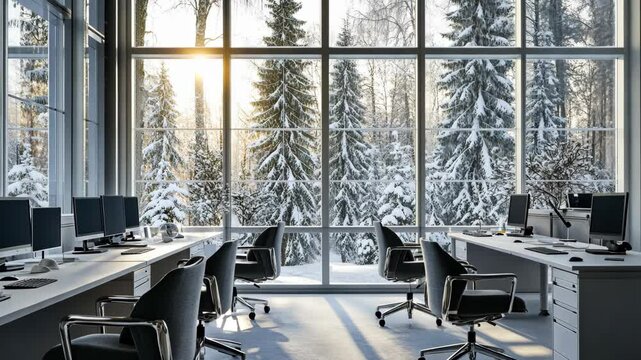 Modern office interior with snowy forest view from large windows during winter