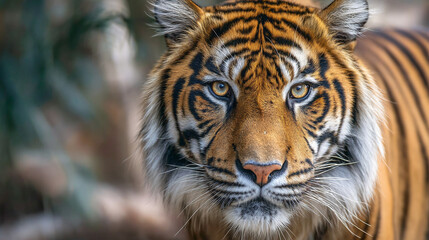 Naklejka premium Close-up of tiger face, orange and black stripes, intense gaze, white whiskers, showcasing wildlife beauty and power