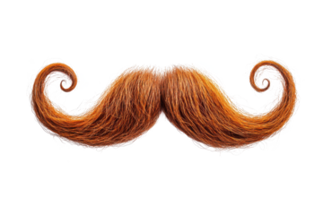 A vibrant ginger mustache with curled ends isolated on a black background for design elements use