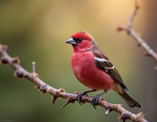Male Purple Finch perches on a branch, showcases vibrant red plumage, against blurred forest. Bird portrait in natural habitat, detailed feathers, captivating eye, nature photography.