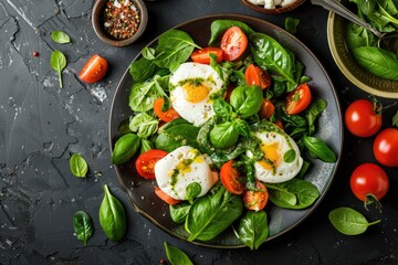leafy green salad with burrata and basil pesto served on ceramic plate styled with soft shadows and dark background