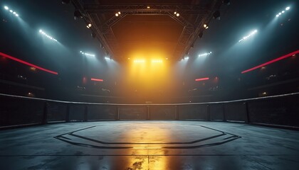 Empty octagon cage. Bright studio lights shine over arena, red and yellow colors. Fighting ring, championship, competition, sport, MMA, fight club, boxing. Black background stadium.
