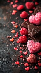 Dark chocolate, raspberry hearts, candy