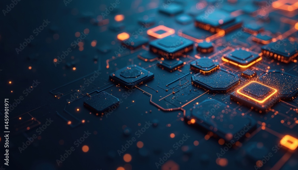 Aufkleber Abstract illustration of computer circuit board. Blue, orange, digital tech concept. Futuristic design shows data processing, modern tech, innovative tech. Artificial intelligence. Communication.