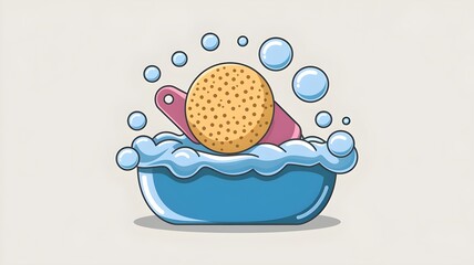 Cartoon Illustration of Dishwashing with Sponge and Soap in a Blue Bowl