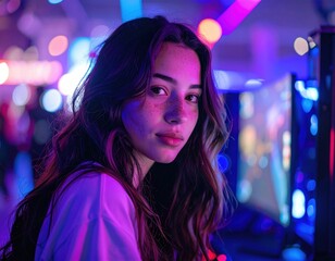 Fototapeta premium A focused gamer engages in action amidst colorful lights and intense competition.