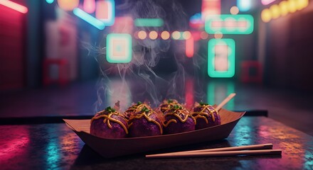 Neon-Lit Street Food Scene with Purple Snack on Tray