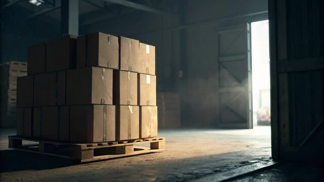 A pallet stacked with cardboard boxes sits in a sunlit warehouse near an open door, with dust illuminated in the air.

