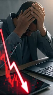 A stressed person reacts to a sharp financial decline displayed on a digital chart.

