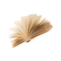 Open book with pages fanned out, creating dynamic and engaging visual. book pages are slightly yellowed, suggesting age or frequent use, and text is visible but not legible