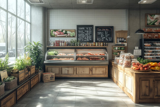 Modern grocery store interior with fresh produce, meat, and natural lighting