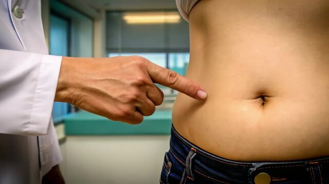 A doctor examines a patient's abdomen by pressing on their stomach in a clinical setting.

