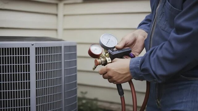 A technician checks an outdoor air conditioning unit using pressure gauges for maintenance or repair.

