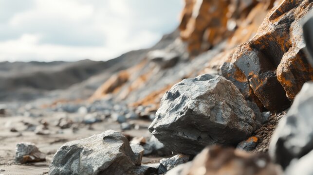 Intimate view of earth and rocks at an open pit mine, focusing on the details and colors of extracted minerals, close-up