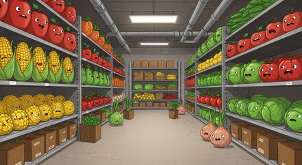 Naklejka premium Animated supermarket shelves featuring anthropomorphic fruits and vegetables in a storage