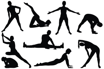 silhouettes of people stretching, black and white exercise wellness