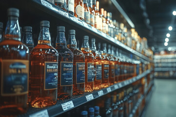 Rows of premium whiskey bottles displayed on wooden shelves in a liquor store