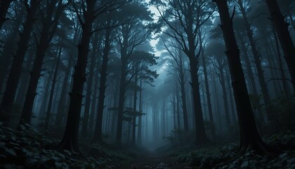 Fototapeta premium Misty Forest Path: Towering Trees in Atmospheric Blue Haze