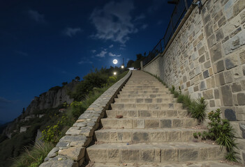 Stairs Leading Under a Full Moon at Night