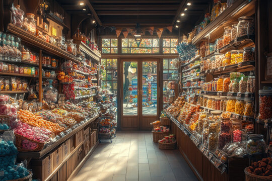 Vintage candy store interior filled with jars of colorful sweets and treats