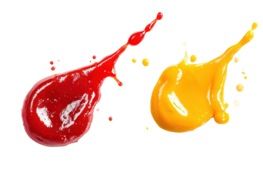Isolated ketchup and mustard splashes on a black background creating a vibrant contrast in colors