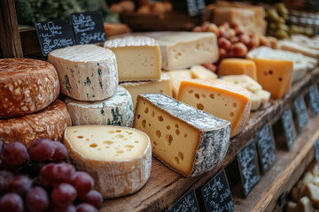 Artisan cheese selection on display at a market with various assortments