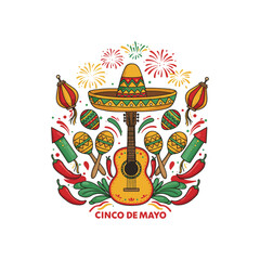 Illustration of a smiling cactus wearing a colorful sombrero celebrating Cinco de Mayo.