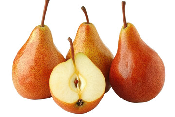 A still life of three whole pears and one halved pear with a stem against a black background