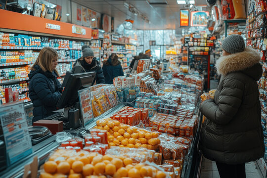 Customers shopping in a small grocery store during winter season