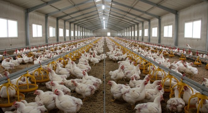 Enclosed poultry farm with numerous white broiler chickens reared indoors