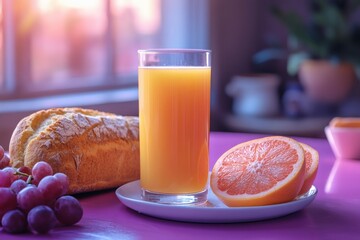 Orange juice with grapefruit and bread breakfast setup
