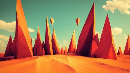 Low-poly desert landscape with geometric peaks and floating crystals under a vibrant sky.